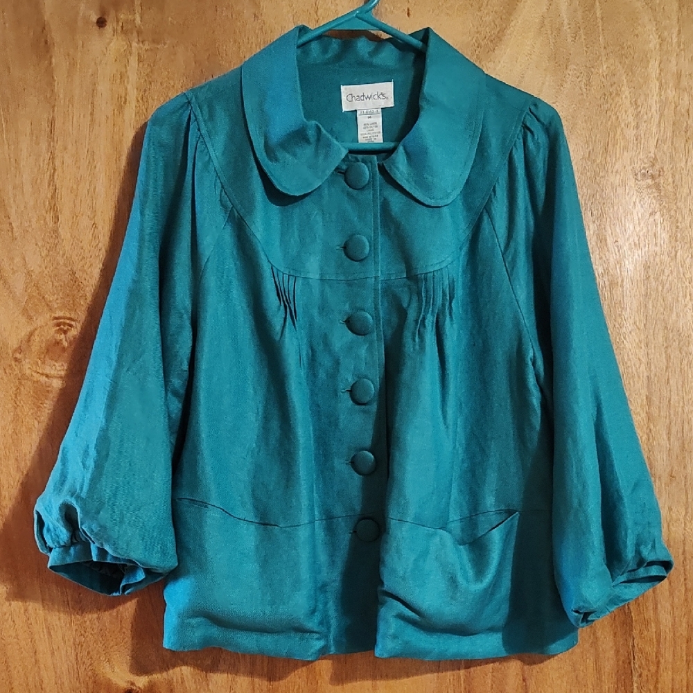 Chadwick's Blousy Jacket Emerald Green Linen Blend Pintuck Peter Pan Collar 14
